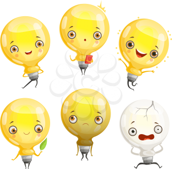 Bulb characters. Cartoon lamp mascot in dynamic poses and fun emotions vector picture. Light lamp cartoon, happy idea smile illustration