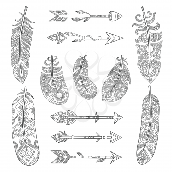 Tribal feathers and arrows. Aztec indian fashion elements with traditional pattern vector pictures collection. Illustration of arrow and traditional freehand feather
