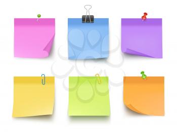 Notes colored. Sticky papers with pin clips memo bank business notes vector realistic template. Office paper memo, sticky note, pin messag illustration