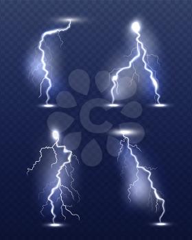 Lightning realistic. Energy glow special weather storm effects power electricity strike vector 3d symbols. Thunder lightning flash, storm light illustration