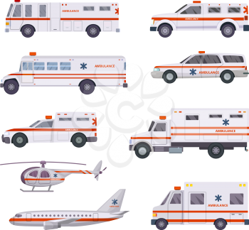 Ambulance cars. Health rescue service vehicle van helicopter paramedic emergency hospital urgent auto 911 vector cartoon pictures. Illustration of ambulance medical transportation, helicopter and van