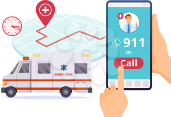 Ambulance service. Urgent 911 hospital emergency call vector concept. Illustration of emergency 911 telephone assistance