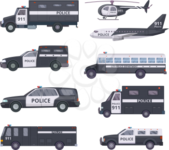 Police cars. Vehicle protection services automobiles vector transport. Illustration of police automobile security, auto emergency patrol with siren