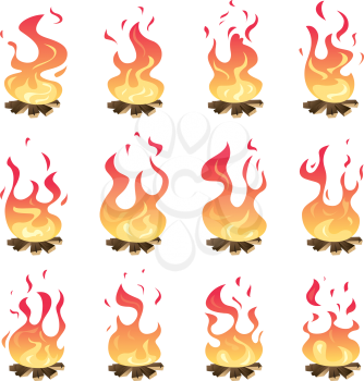 Camp fire animation. Outdoor fireplace hiking bonfire burn vector key frames. Bonfire motion, animation burn campfire illustration