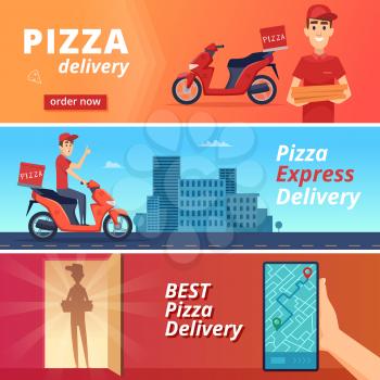 Food pizza delivery. Postal courier deliver man ride on bike vector character in cartoon style. Illustration of pizza food deliver on scooter