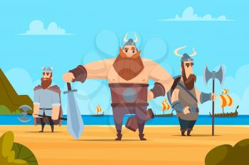 Viking warriors background. Medieval authentic military characters norwegian people vector cartoon landscape. Illustration of conqueror warrior bearded standing on new land