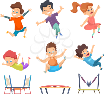 Trampoline kids. Playground childrens active jumping games vector characters in cartoon style. Trampoline jump, happy child and kid illustration