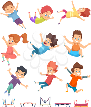 Kids jumping. Trampoline childrens athletic playing on playground active games vector cartoon people. Illustration of sport trampoline for kids, jump and fun