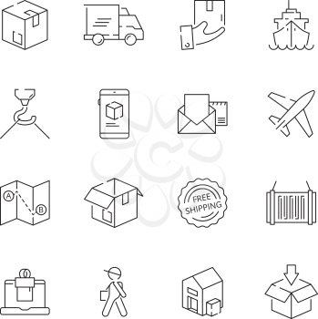 Delivering icons. Shipping logistics delivery sea freight free shipment moving items vector thin line symbols. Illustration of delivering and shipping processing, moving tracking