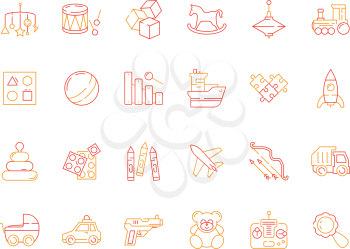 Toys for kids icon. Blocks plastic cars and soldiers books funny games vector thin line colored pictures. Illustration of toy for game, ship and plane