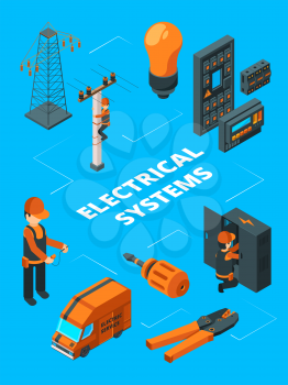 Electricity industry concept. Electrician workers industrial electric safety system vector isometric illustrations. Illustration of electric service, worker professional, repairman engineer