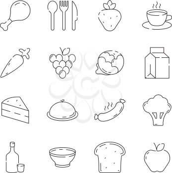 Food icon. Cuisine products menu and kitchen items vegetables fruits bread vector thin line pictures. Illustration of dinner food, cheese and tea, vegetable and nutrition