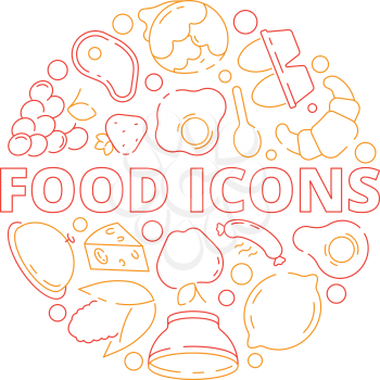 Food icon background. Colored circle shape kitchen menu fresh products fish chicken and vegetables fruits natural meal vector concept. Fresh food and linear nutrition product illustration