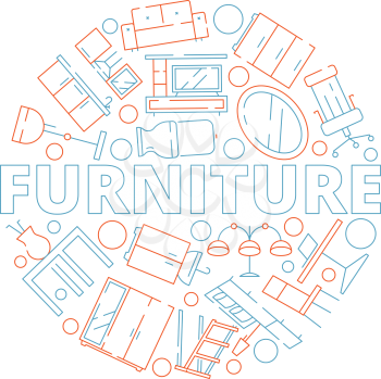 Furniture background. Interior tools in circle shape sofa chair table bed household vector design template. Home furniture shop badge with bed table and chair illustration