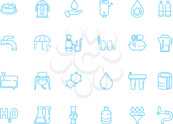 Water treatment. Purifier container filter tank glass clean fresh liquid water dispenser vector outline symbols. Tank with water, bottle and equipment container illustration