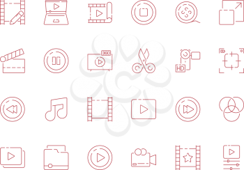Editing video. Digital film production audio camera multimedia tools vector outline symbols isolate. Illustration of production media and video multimedia