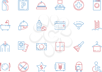 Hotel related symbols. Bathroom hospital travel places spa breakfast area toilet wifi zone hotel colored vector icon. Illustration of hotel symbol service, toilet and wifi