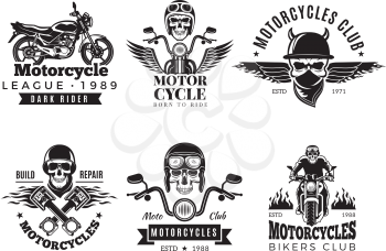 Biker labels. Vintage custom motorcycle and symbols for badges skull bike flags wheel bones engine fire vector road concept. Illustration of motorcycle emblem, biker and motor engine