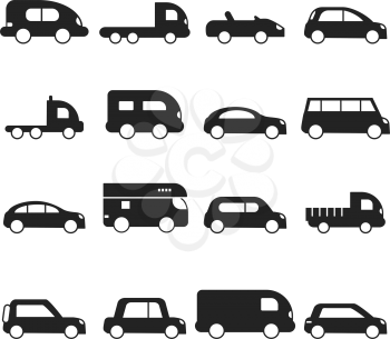 Car silhouettes icon. Type of transport minivan truck suv micro van vector black symbols. Auto hatchback silhouette, off-road minivan illustration