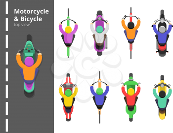 Bike bicycles top. Overhead topping view motorbike fast driving young male driver vector flat pictures. Illustration of motorcycle fast, scooter drive