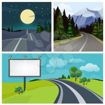 Road to city. Highway and different types of urban road over hills vector weather landscape. Illustration of highway road, travel transportation