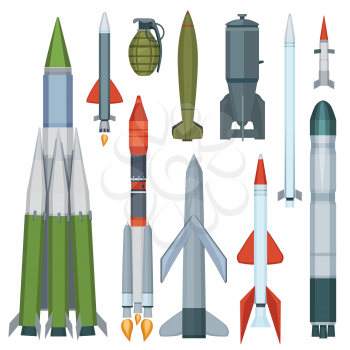 Missile collection. Defense flight armour military weapons vector cartoon set. Illustration of military weapon, rocket nuclear