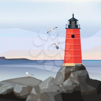 Sea landscape lighthouse. Ocean or sea water with night navigation safety building on rocks vector cartoon background. Lighthouse on rock stone island illustration