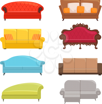Sofa collection. Bed classic divan modern coach vector interior furniture. Illustration of colored divan for interior, furniture sofa