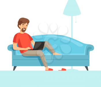 Freelancer on sofa. Happy smile work guy on comfortable bed with laptop vector cartoon picture. Illustration of freelancer with computer