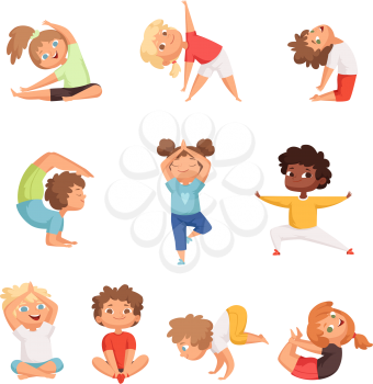 Yoga kids characters. Fitness sport childrens posing and making gymnastics yoga exercises vector illustrations. Sport yoga child, health and meditation boy and girl