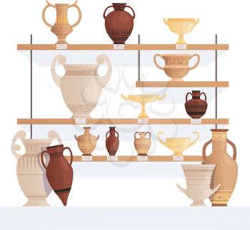 Old jug on shelves. Antique vessel in museum history clay cups and amphoras vector cartoon concept. Illustration of exhibition ancient amphora, pottery exposition