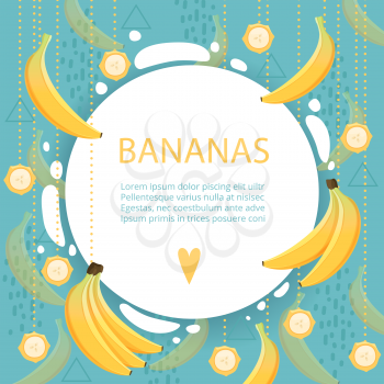 Banana background. Placard with healthy fruit food calcium cartoon vector picture. Tropical exotic banner with banana fruit illustration