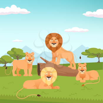 Lion pride landscape. Wild fur animal hunters background vector zoo concept. Family of lions, safari africa illustration