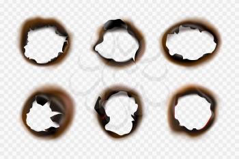Burn paper holes. Fire damaged antique cardboard and white paper vector template. Hole burn collection, destroyed burnt illustration