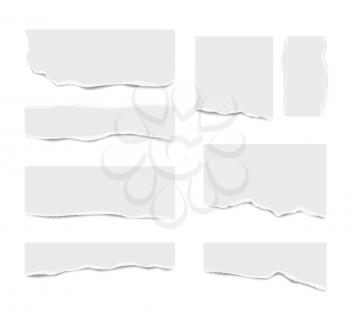 Ripped paper. Broken white note paper for text messages different shapes vector realistic template. Ripped torn paper for reminder, variety and different ragged illustration