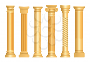 Golden antique column. Classic roman pillars architectural art sculpture pedestal vector realistic. Illustration of column architectural, pedestal stable