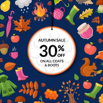Vector cartoon autumn elements and leaves sale background with place for text illustration. Discount sale autumn banner with badge