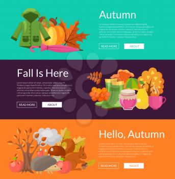 Vector cartoon autumn elements and leaves web banner templates of set or colored poster illustration