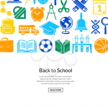 Vector back to school stationery background illustration. Banner with colored icons and elements