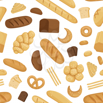 Vector cartoon bakery elements pattern or background illustration. Tasty bread for breakfast