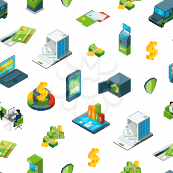 Vector isometric money flow in bank icons pattern or background illustration