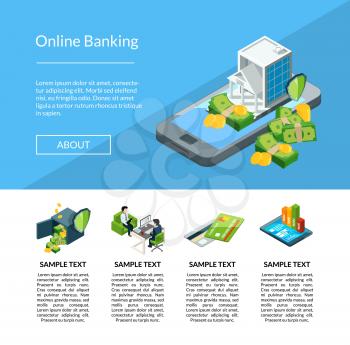 Vector isometric money flow in bank icons landing page template illustration. Bank finance money, financial payment and investment