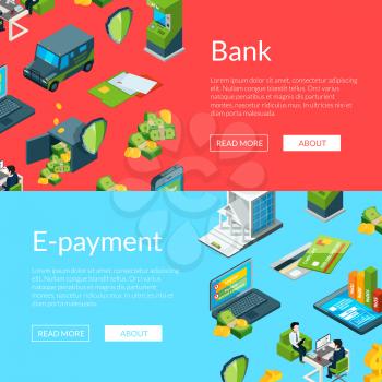 Vector isometric money flow in bank icons web banner templates illustration