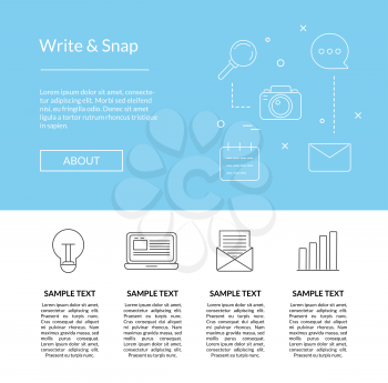 Vector line blog icons landing page in blue color style template illustration