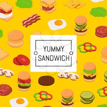 Vector isometric burger ingredients background with place for text illustration