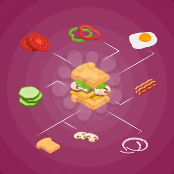 Vector isometric burger ingredients infographic concept illustration. Colored 3d banner and poster