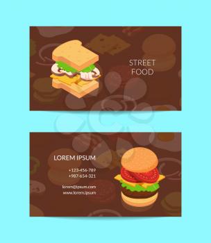 Vector isometric burger ingredients business card template for cafe or street food truck illustration