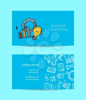 Vector business doodle icons business card template illustration isolated on blue background