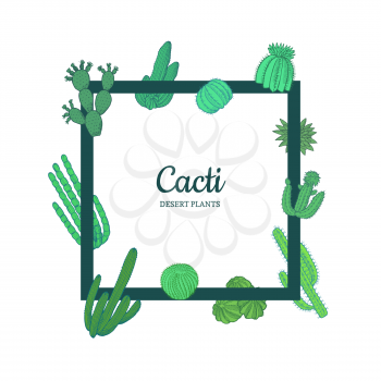 Vector hand drawn desert cacti plants flying around frame with place for text illustration
