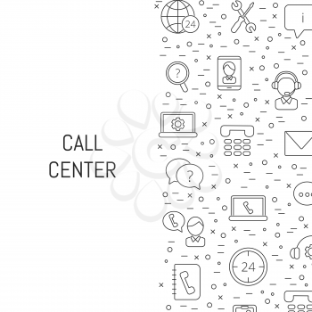 Vector line call support center icons background with place for text illustration. Banner contact customer linear